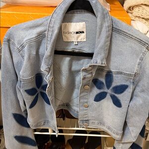 Fashion Nova Light Blue Denim Jacket with Navy Floral Accents